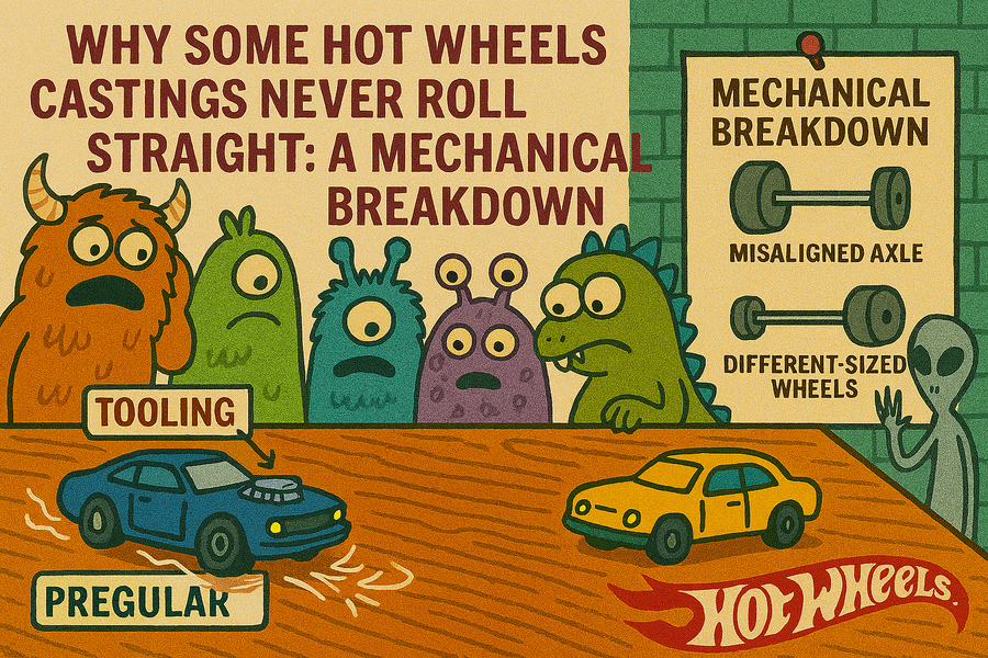 Editorial artwork for inspecting a Hot Wheels car that veers or wobbles
