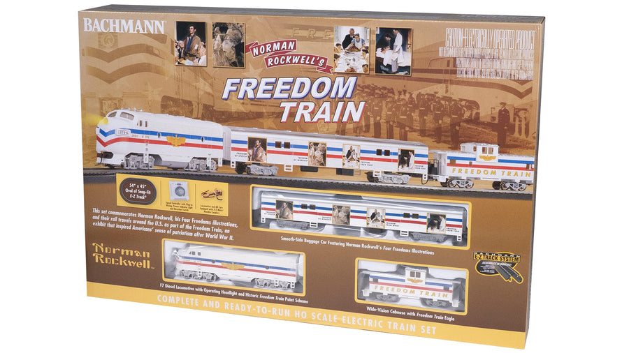Set de tren Bachmann Rockwell Freedom HO número 00767 con locomotora F7, coche de equipajes y caboose