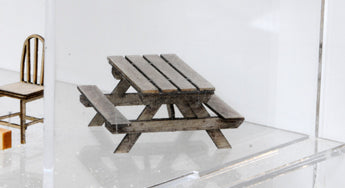 Banta Modelworks 723 O scale picnic table kit, one assembled table shown from the two-table set; surrounding display items are separate.