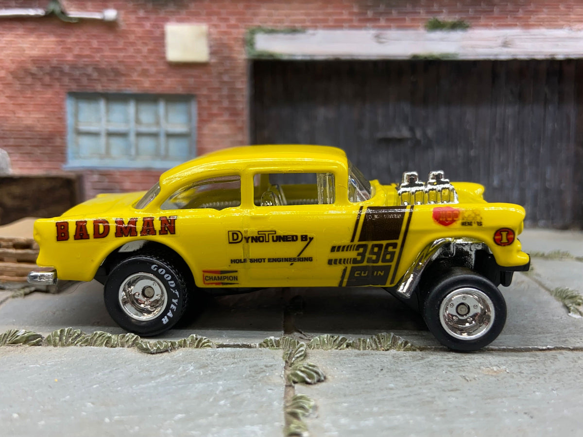 Yellow BADMAN 1955 Chevy Gasser custom Hot Wheels with Goodyear drag slicks from Muncle Mikes