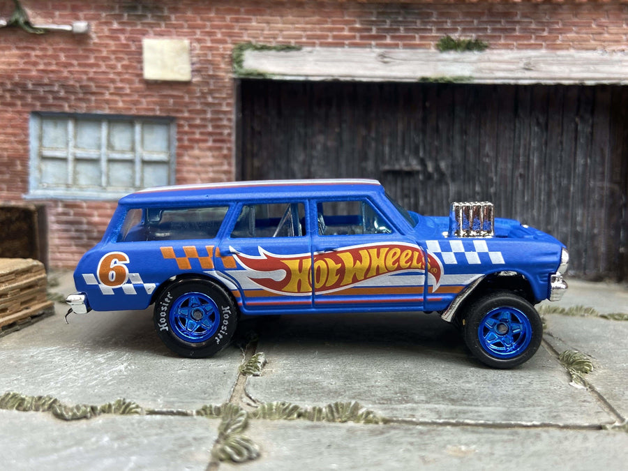1964 Chevy Nova Wagon Gasser custom Hot Wheels with blue wheels and rubber tires