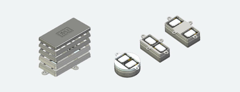 ESU 50340 dual sugar cube speaker modular soundbox kit; manufacturer illustration of assembly configurations.