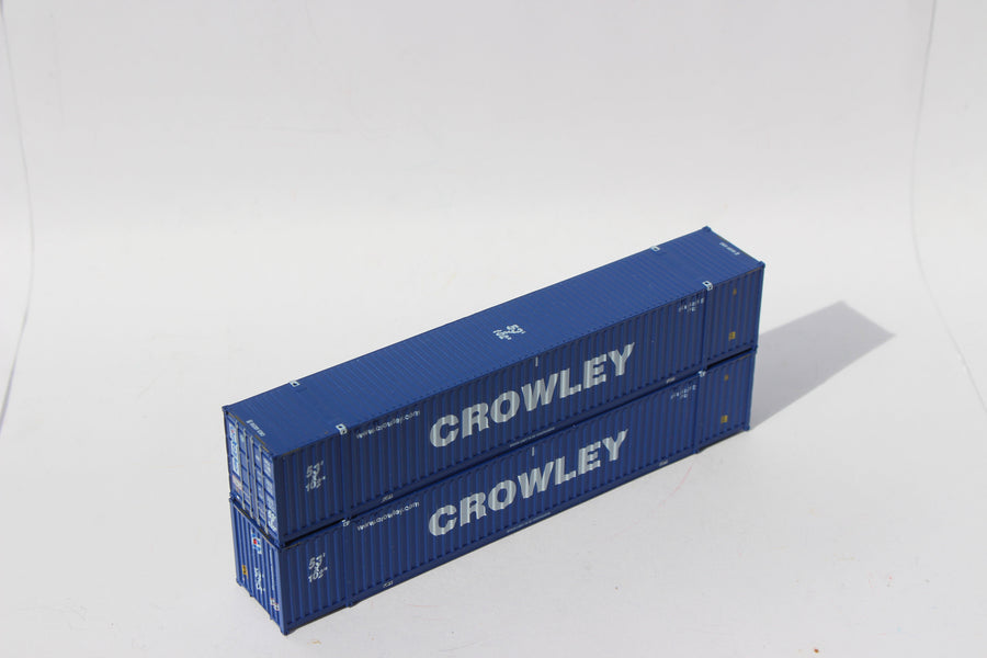 JTC 535077 N scale two-pack of blue Crowley 53-foot containers, three-quarter view