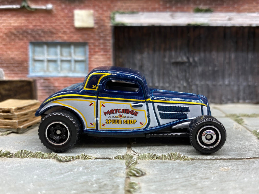 Matchbox 1933 Ford Coupe in Blue, White and Yellow Matchbox Speed Shop, loose diecast car