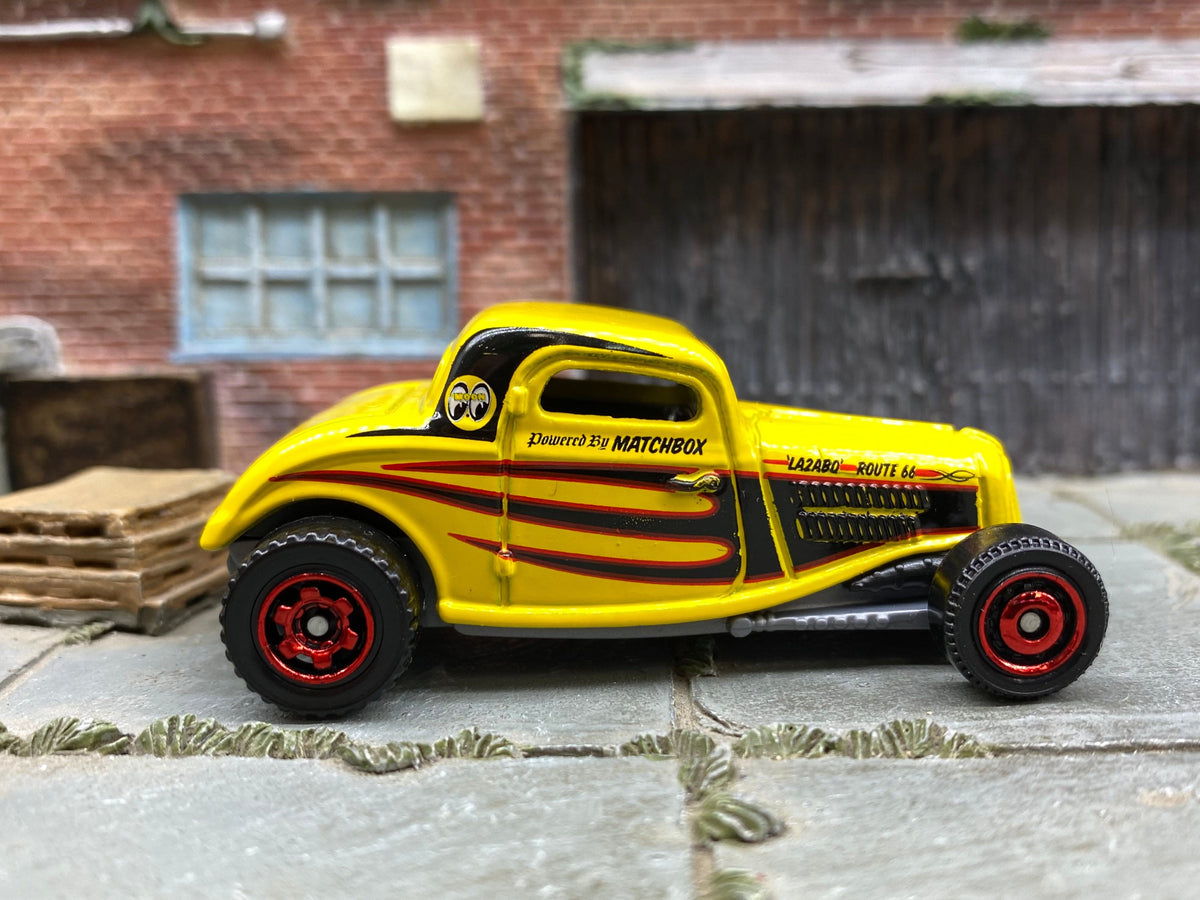 Matchbox 1933 Ford Coupe in Yellow, Black and Red Mooneyes Livery, loose diecast car