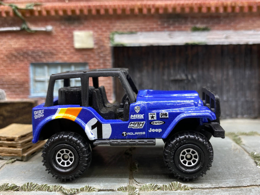 Matchbox Jeep 4X4 in Blue, Orange and Yellow 1, loose diecast car