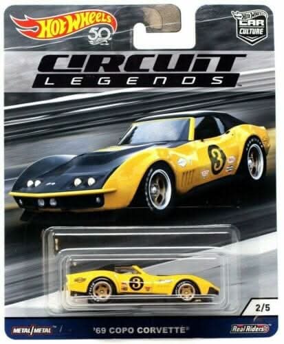 Yellow number 3 Hot Wheels 1969 COPO Corvette in Circuit Legends Car Culture packaging