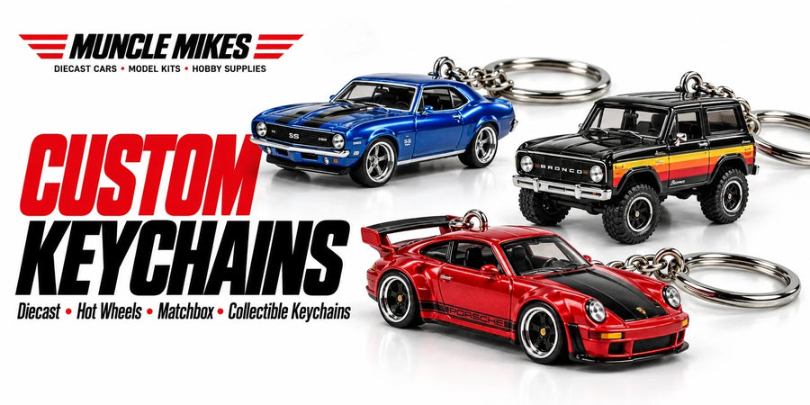 Muncle Mikes collection artwork: Custom Keychains with illustrative diecast cars, metal chains and key rings