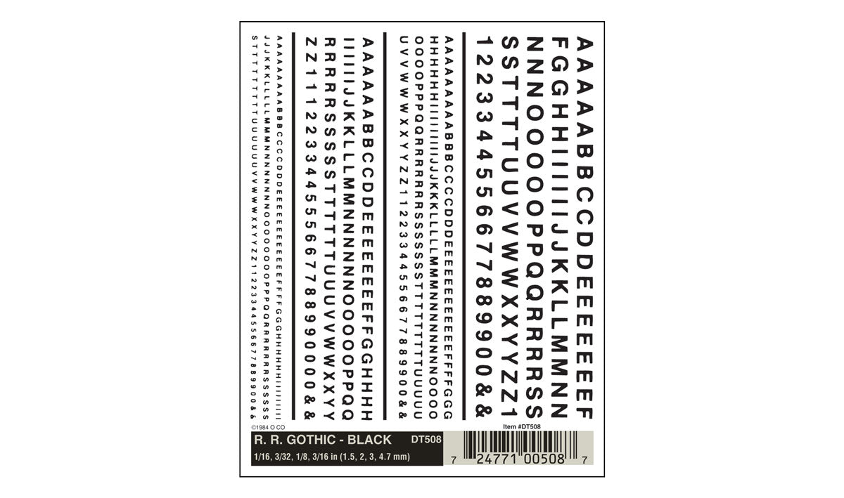 Woodland Scenics DT508 Railroad Gothic Black dry transfer lettering, manufacturer product image
