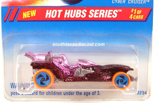 Dark-red Cyber Cruiser with pink chrome interior and orange-and-blue wheels on Hot Hubs number 1 card