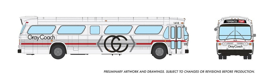 Rapido 753117 HO Gray Coach New Look bus 1418, preliminary manufacturer artwork showing side and front