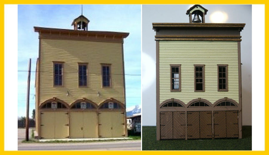 RS Laser Kits 2037-B HO scale Silver Cliff Firehouse and Town Hall kit, prototype building beside assembled model