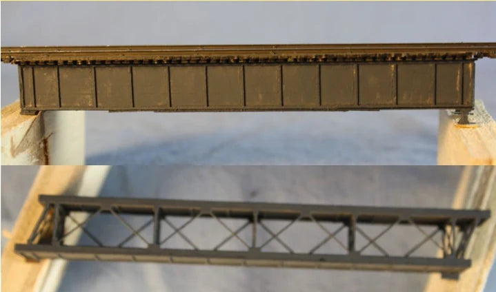 RS Laser Kits 31034 N scale 30-foot plate girder bridge kit, assembled side and underside views