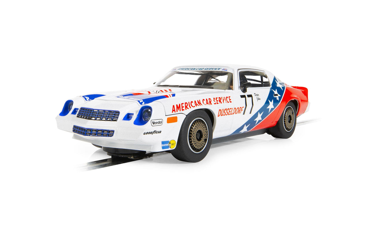 Scalextric C4300 Chevrolet Camaro Z28 Peter John number 77 slot car - front three-quarter view