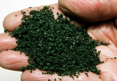 Scenic Express 6162 Dark Green SuperLeaf, 16 oz; manufacturer leaf-flake sample in hand, package not shown.