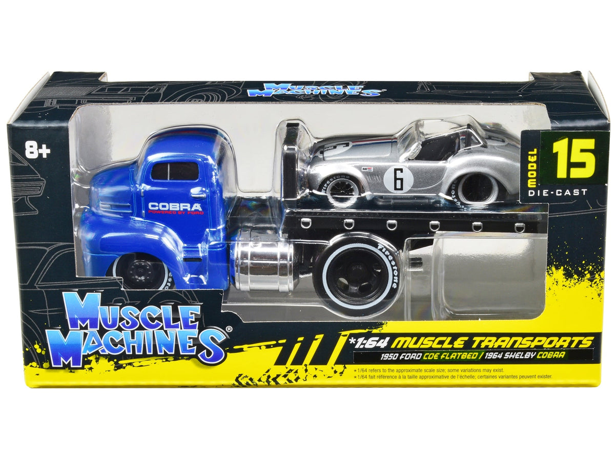 Muscle Machines 1950 Ford COE flatbed blue and 1964 Shelby Cobra number 6 silver 1:64 11548SIL, view 1