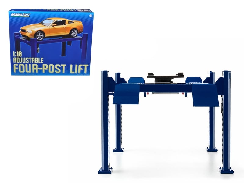 GreenLight 12884 blue 1:18 four-post display lift; demonstration car is not included with the lift