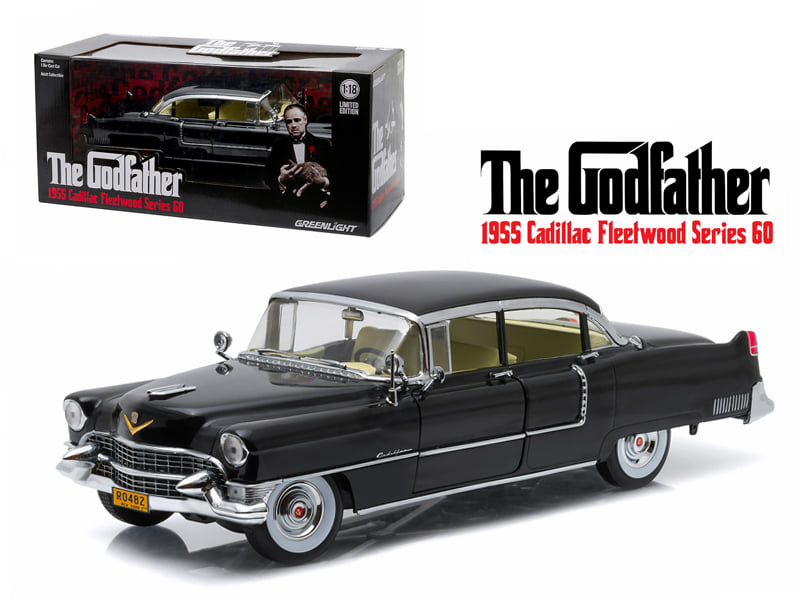 Cadillac Fleetwood negro GreenLight 12949 a escala 1:18, con caja de The Godfather y vista del coche desde tres cuartos delantero