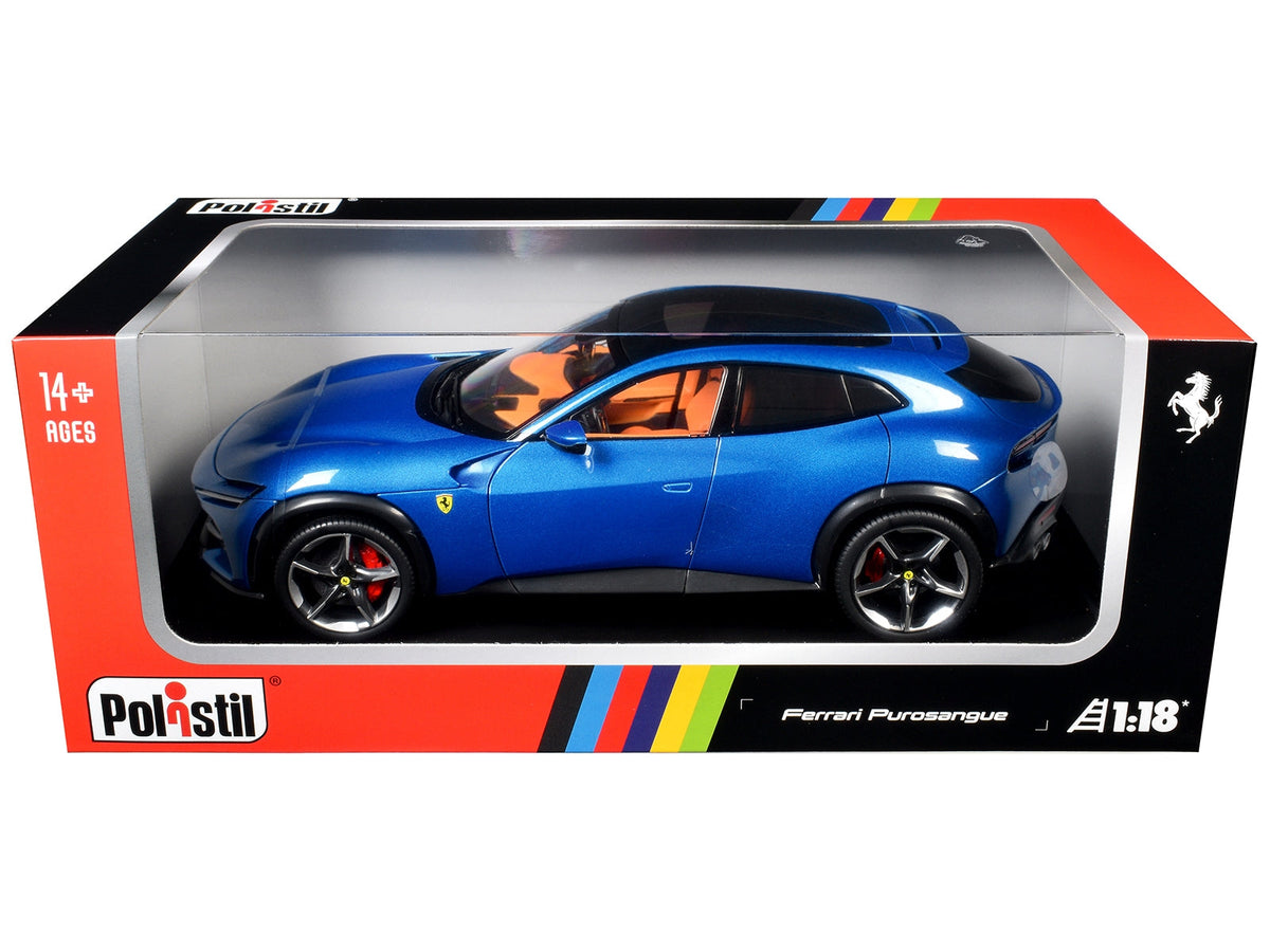 2022 Ferrari Purosangue Blu Corsa Blue Metallic with Black Top and Orange Interior 1/18 Diecast Model Car by Polistil
