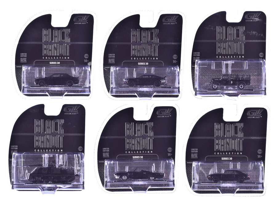 GreenLight Black Bandit Series 30 assortment containing four cars, a Dodge Power Wagon fire truck and an M4 Sherman tank
