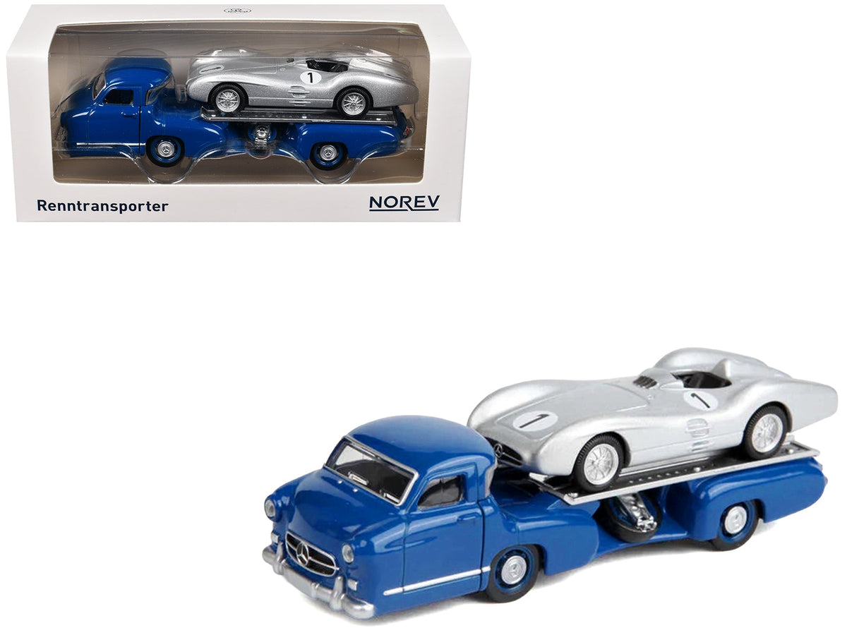 Norev 311000 blue Mercedes-Benz Renntransporter with included silver 1954 W196 number 1, 1:64