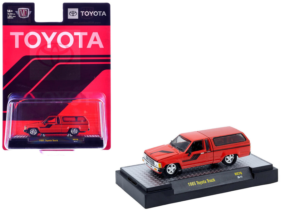 Red M2 1985 Toyota SR5 pickup with black stripes and camper shell, item 31500-HS76