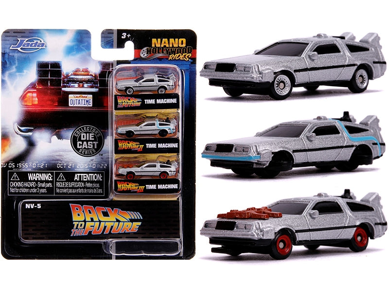 Jada 31583 Nano Back to the Future three-car set, a smaller format than the individual 1:24 Time Machines
