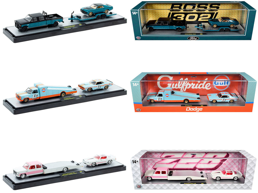 M2 Auto Haulers Release 99 three transport combinations with Chevrolet, Ford and Dodge vehicles
