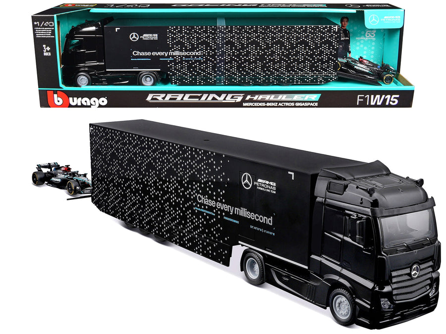 Bburago black Mercedes-Benz Actros transporter and George Russell number 63 W15 F1 car, 1:43 set 38402GR