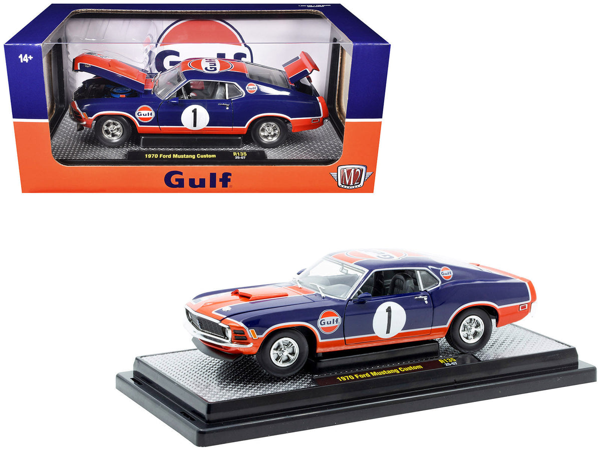 Dark-blue M2 1970 Ford Mustang Custom number 1 with Gulf Oil orange graphics, item 40300-135B