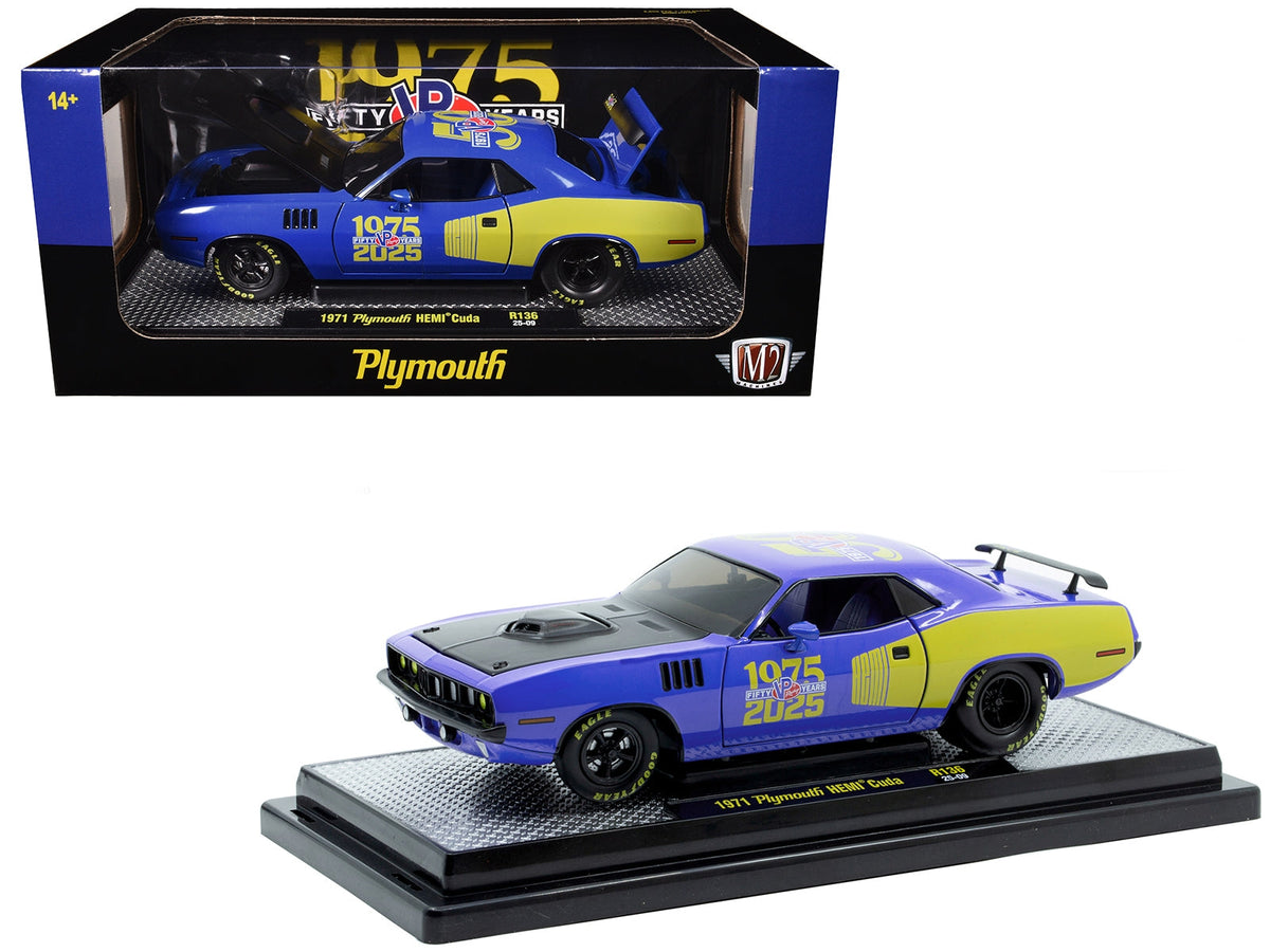 Blue-and-yellow M2 1971 Plymouth Hemi Cuda with VP Racing 50 Years graphics, item 40300-136A, 1:24