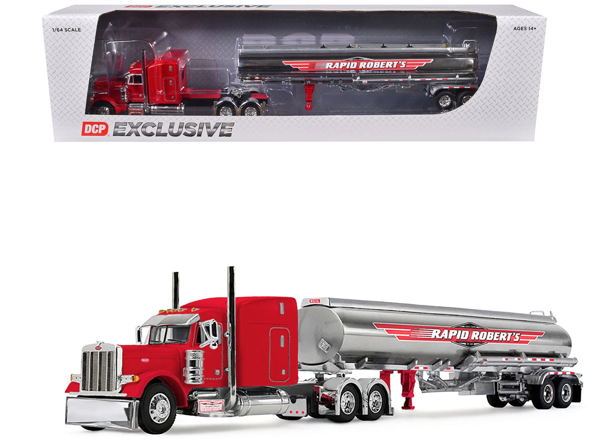 Peterbilt 379 with 63" Mid-Roof Sleeper and Heil Fuel Tank Trailer "Rapid Roberts" Red 1/64 Diecast Model by DCP/First Gear