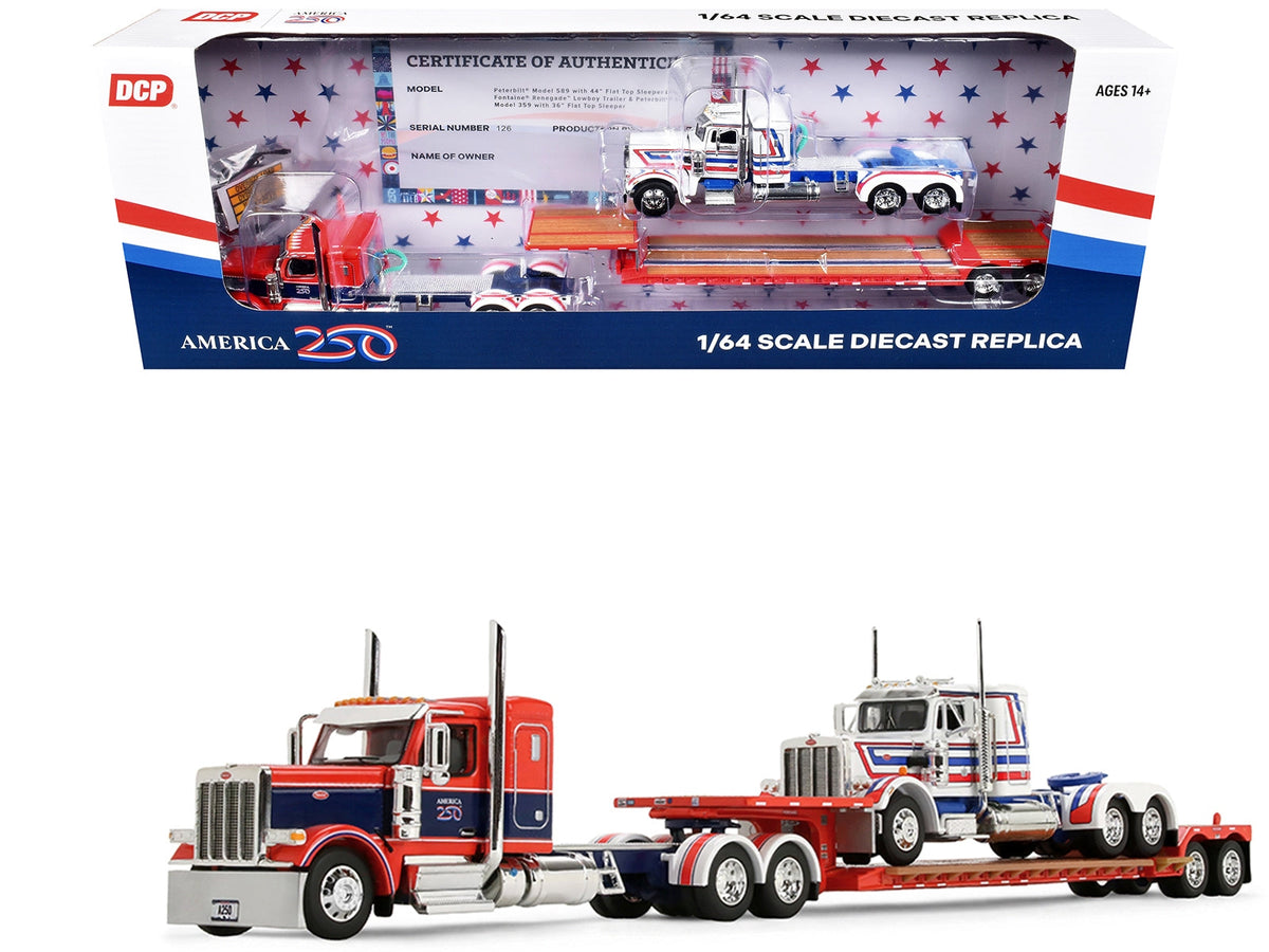 America 250 Peterbilt 589 and Fontaine lowboy carrying a Peterbilt 359, with the themed package and certificate, First Gear 69-2348