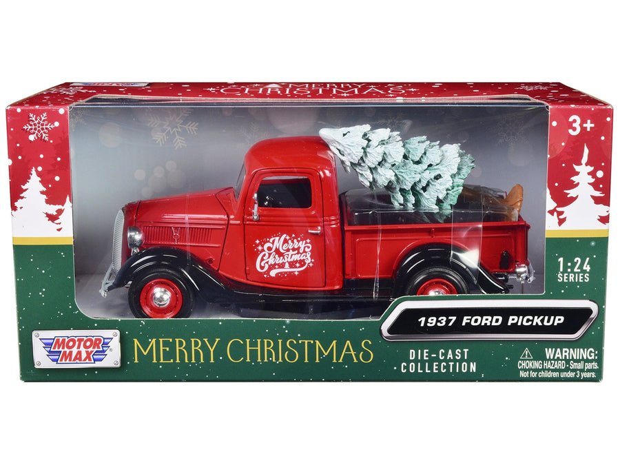 Red-and-black Motormax 1937 Ford pickup with included Christmas tree, 73233RBIXMT