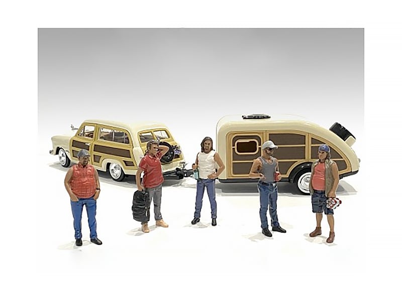 American Diorama Campers five-figure 1:18 set, items 76334 through 76338; car and trailer excluded