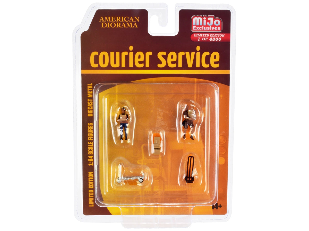 American Diorama Courier Service 76495 five-piece 1:64 set with two workers and three accessories; truck excluded