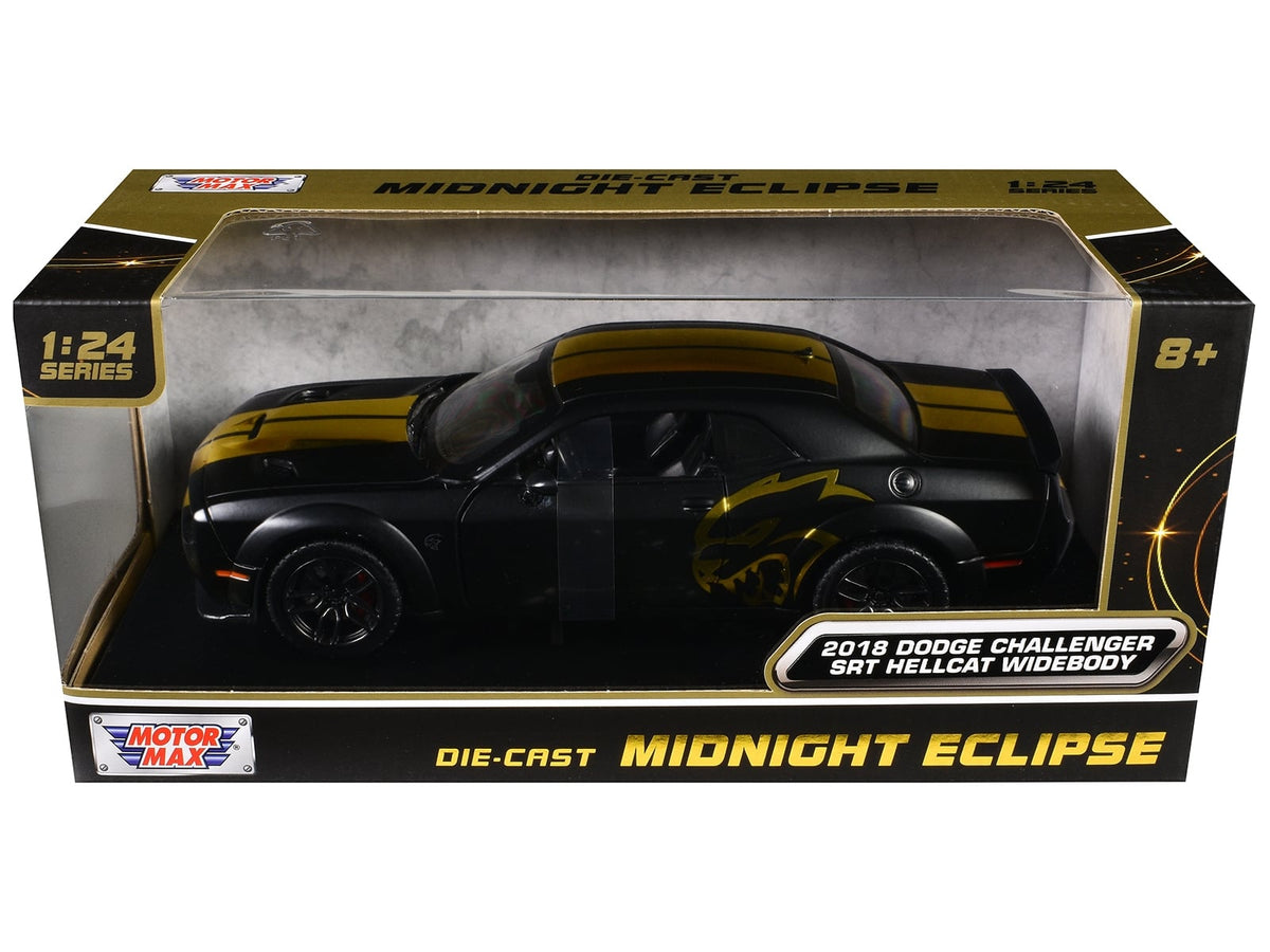Motormax 2018 Dodge Challenger SRT Hellcat Widebody Midnight Eclipse in matte black with gold graphics, 1:24 79201BK