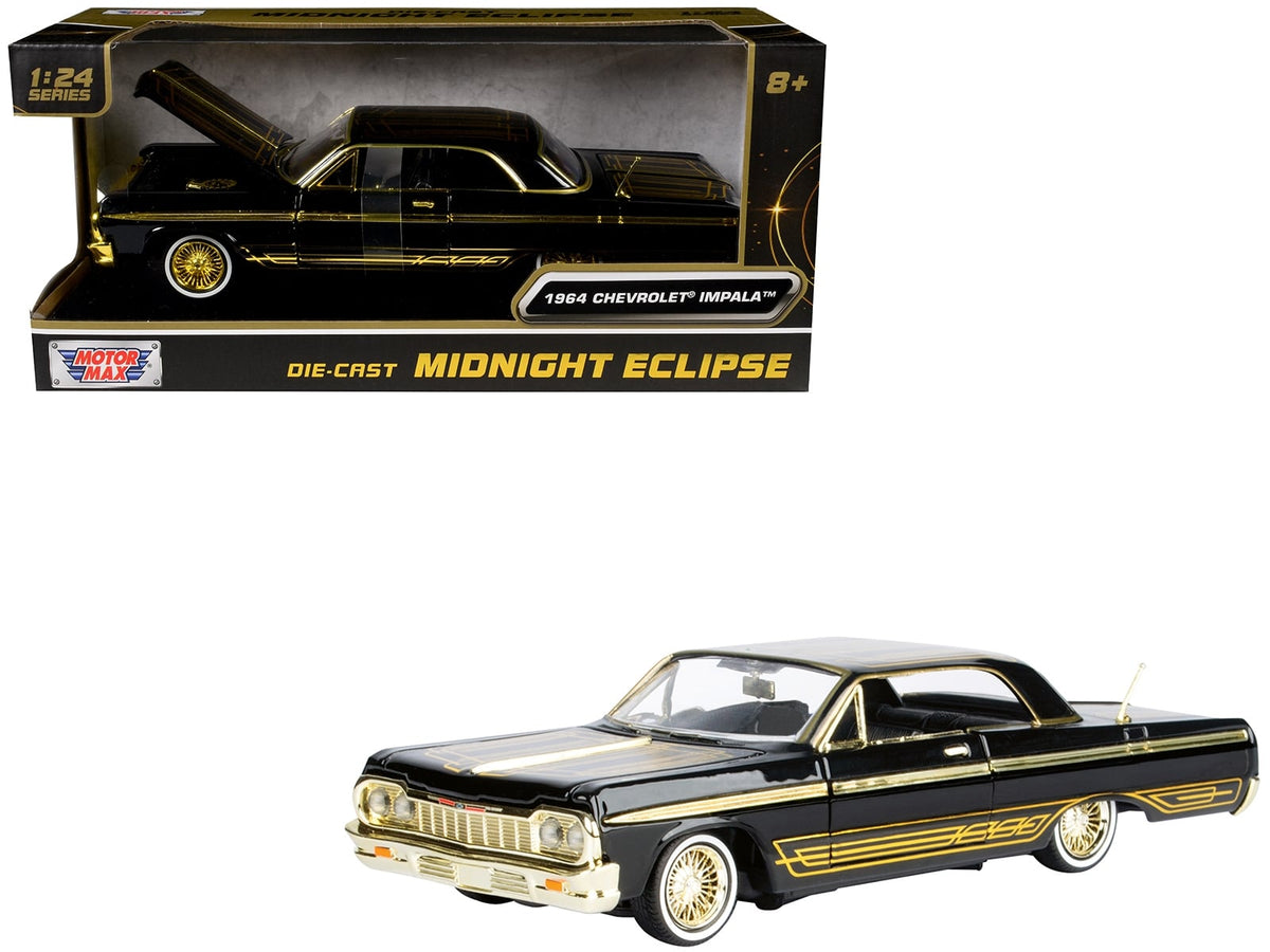 1964 Chevrolet Impala Lowrider Black with Gold Graphics and Wheels "Midnight Eclipse" Series 1/24 Diecast Model Car by Motormax