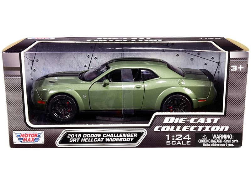 Motormax 2018 Dodge Challenger SRT Hellcat Widebody green metallic black stripes 1:24, view 1