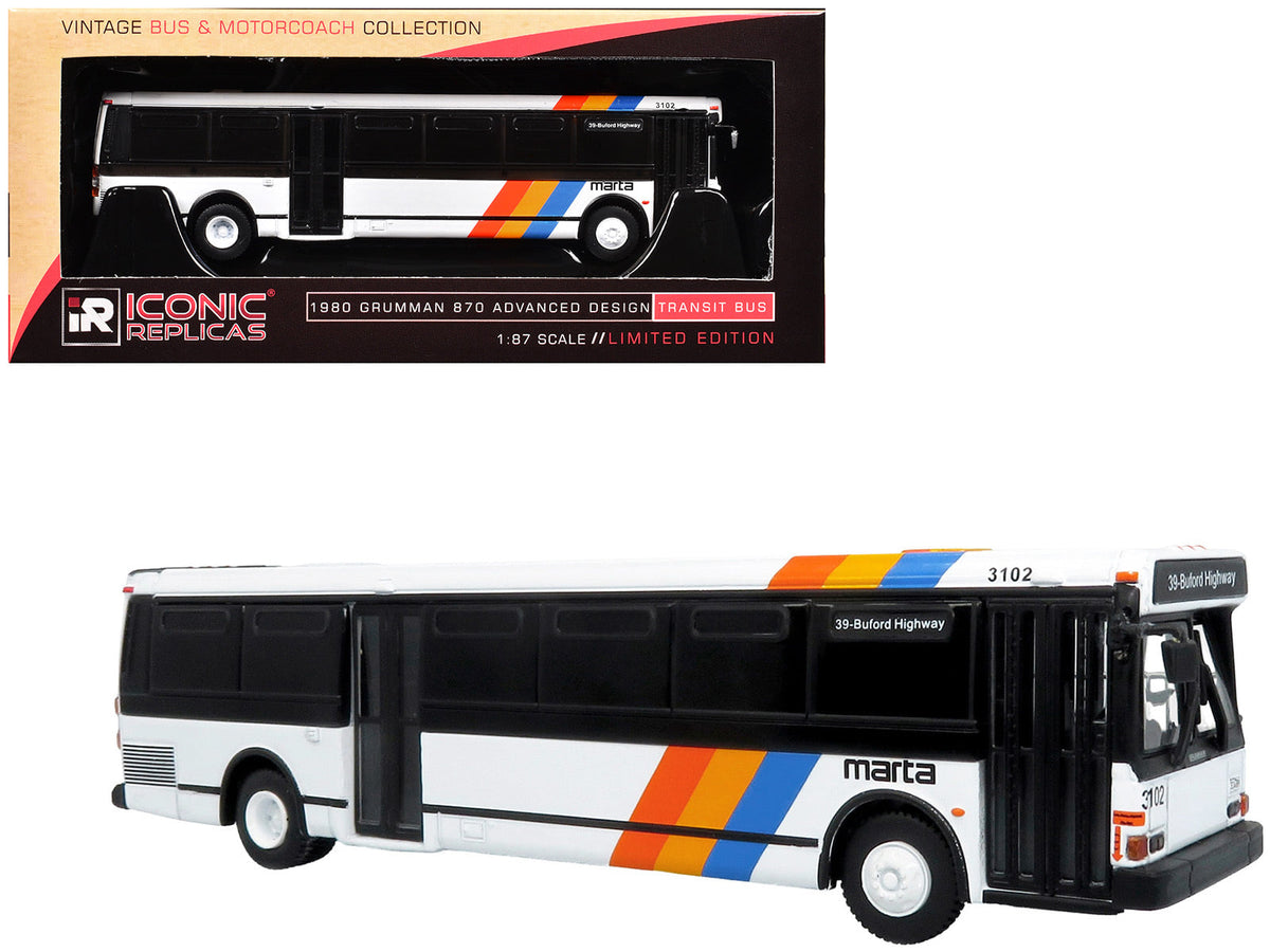 1980 Grumman 870 Advanced Design Transit Bus "MARTA Atlanta" White with Stripes "Vintage Bus & Motorcoach Collection" Limited Edition 1/87 (HO) Diecast Model by Iconic Replicas