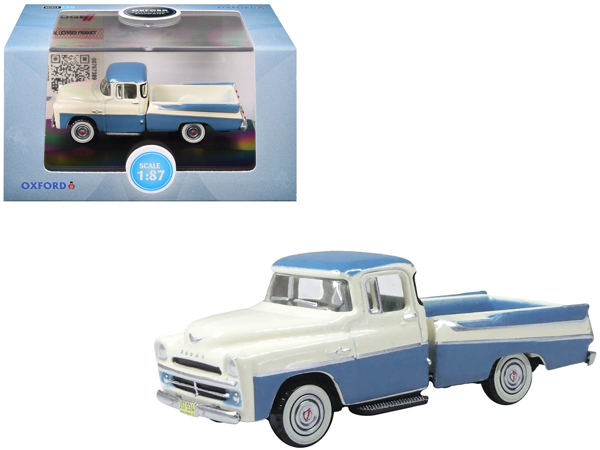 1957 Dodge D100 Sweptside Pickup Truck Ice Blue and Glacier White 1/87 (HO) Scale Diecast Model Car by Oxford Diecast