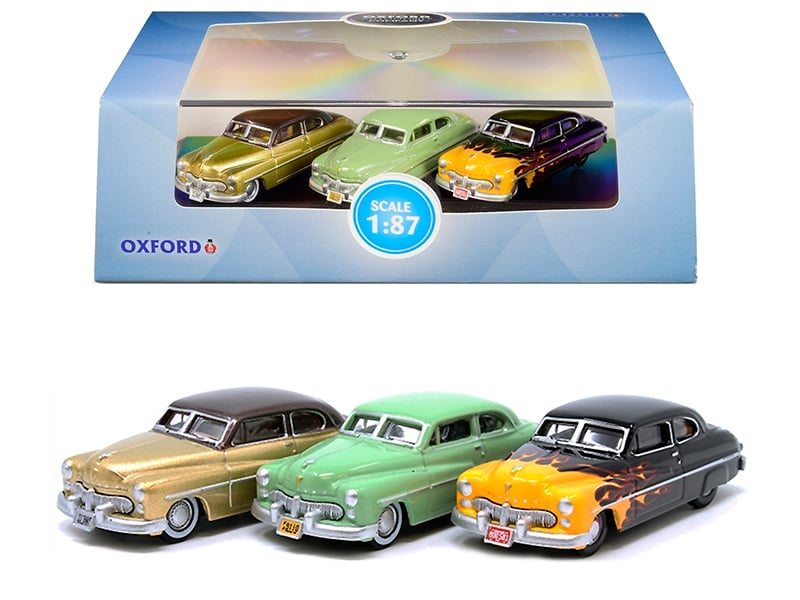 Oxford 1949 Mercury three-car anniversary set with flame, two-tone and monochrome finishes