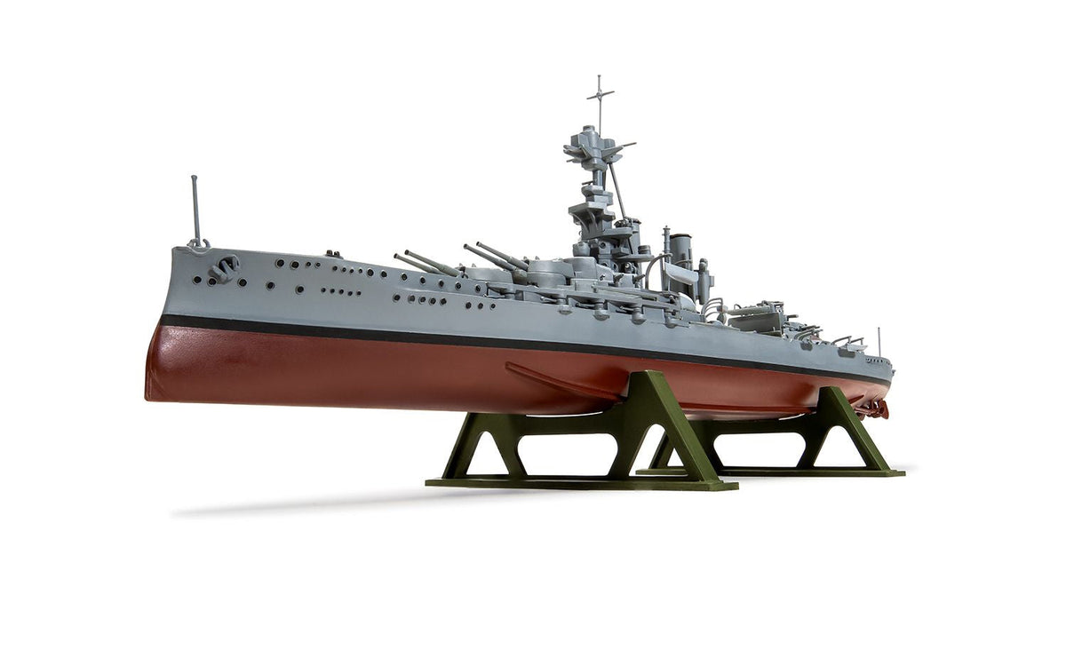 Assembled HMS Iron Duke battleship on a display stand, Airfix 1:600 kit A04210V