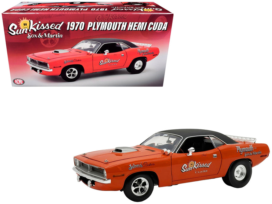 ACME Sun Kissed HEMI Cuda in Vitamin C Orange with black vinyl top and Sox and Martin graphics