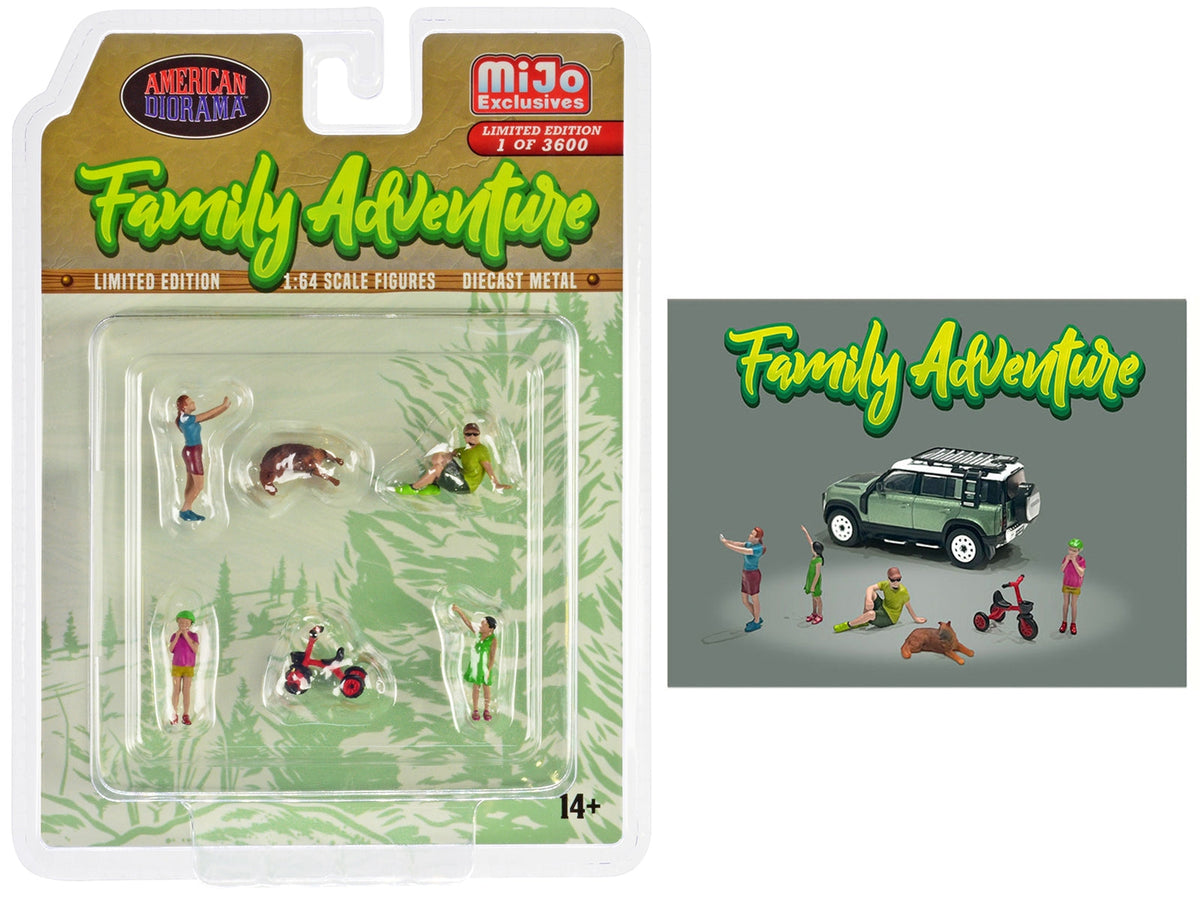 American Diorama Family Adventure AD-76513MJ 1:64 set with four people, one dog and one tricycle; car excluded