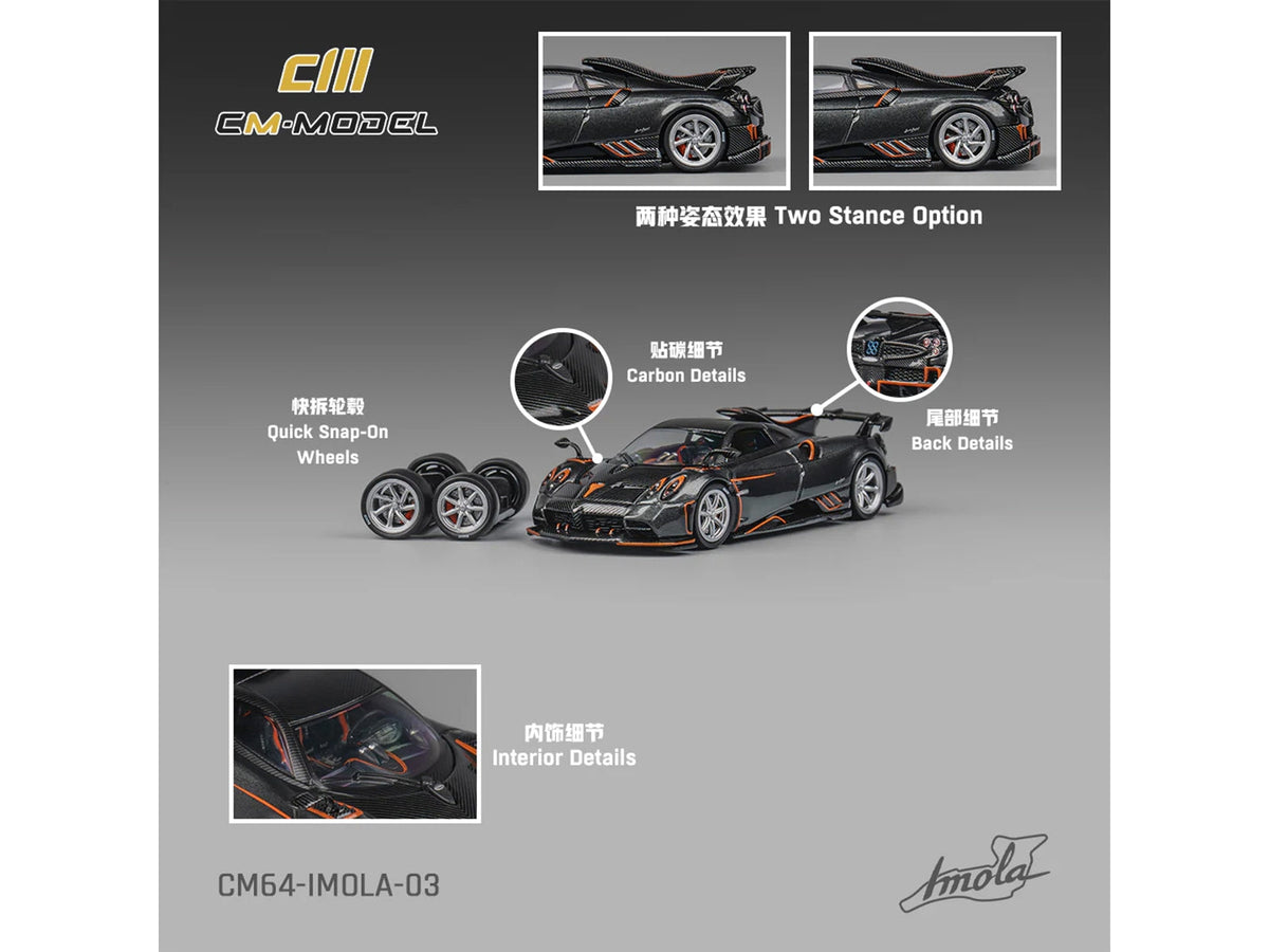 Pagani Imola Dark Gray Metallic with Carbon and Orange Accents with Extra Wheels 1/64 Diecast Model Car by CM Model image 3