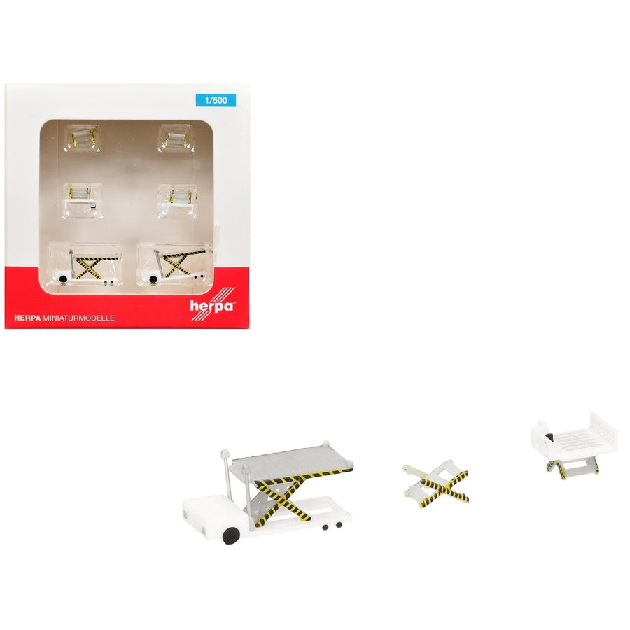Two Herpa 1:500 container-loader chassis with their separate platform and scissor-support components, set HE520621-001