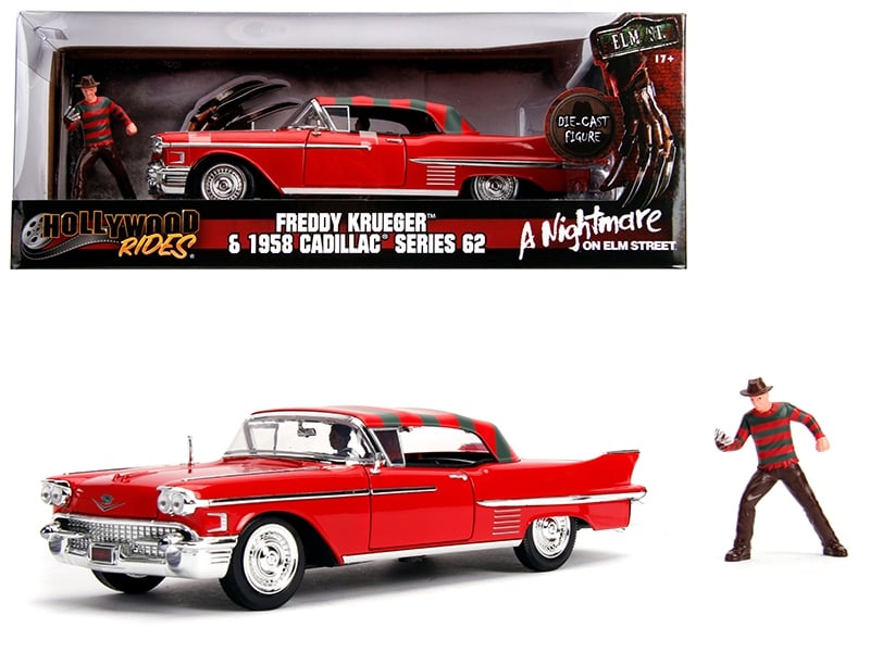 Jada JA31102 red 1958 Cadillac Series 62 with Freddy Krueger figure, 1:24 car-and-figure set