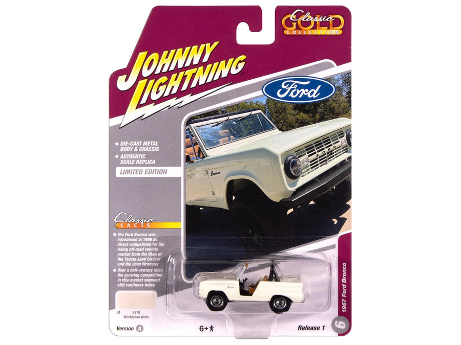Regular Wimbledon White 1967 Ford Bronco Johnny Lightning model, shown as a white-paint example rather than a verified chase