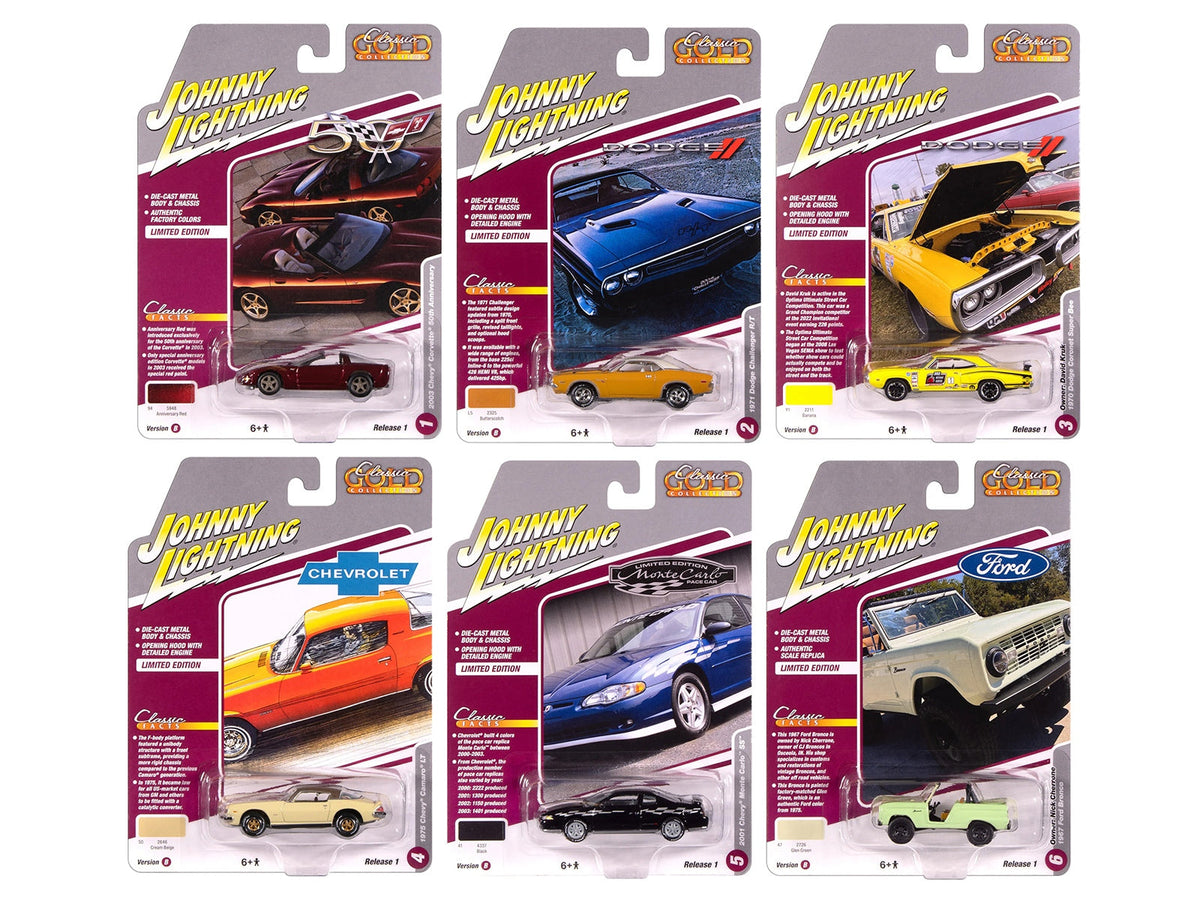 Johnny Lightning Classic Gold 2025 Release 1 Set B six-vehicle assortment.